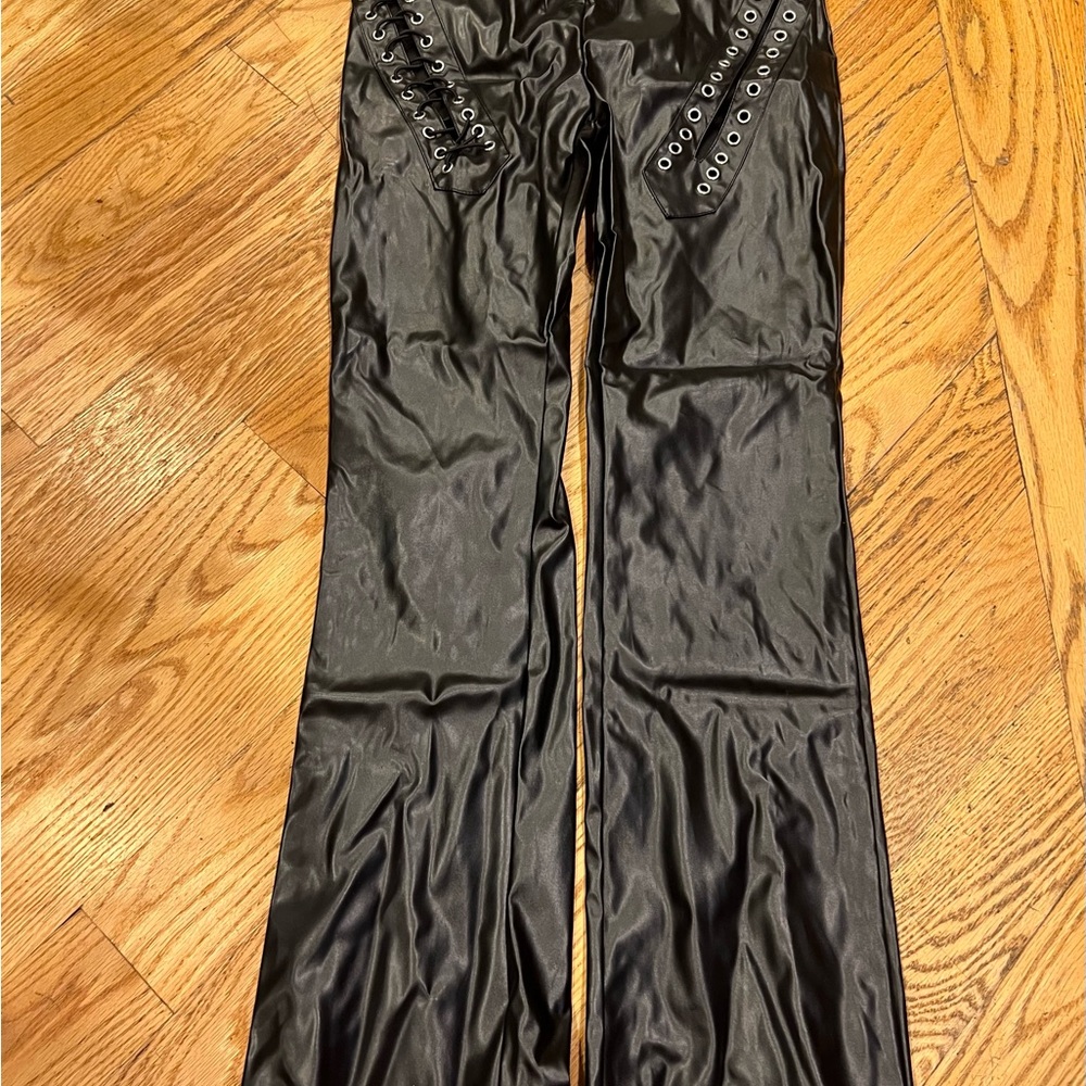 Black Pleather Lace-Up Flared Pants